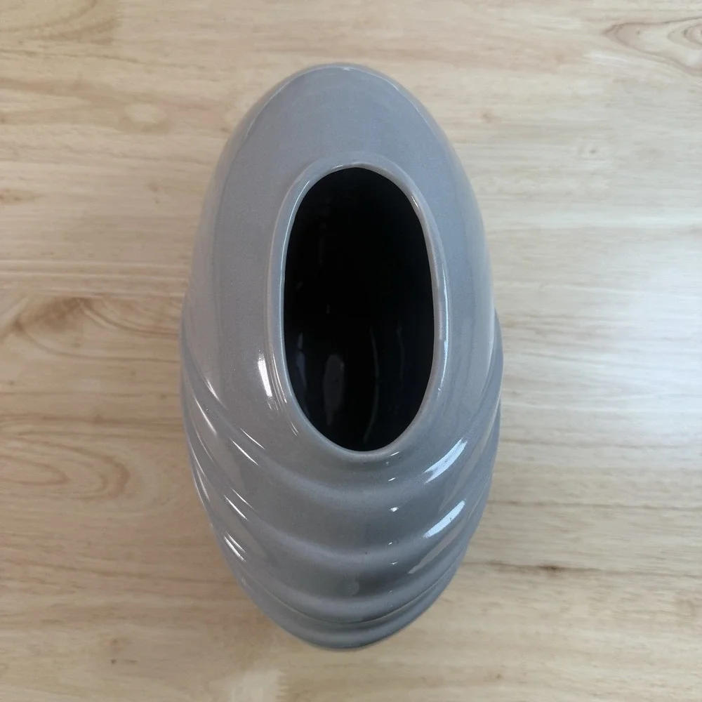 Vintage 1980's Art Deco Revival Gray Pleated Oval Ceramic Vase unmarked 6